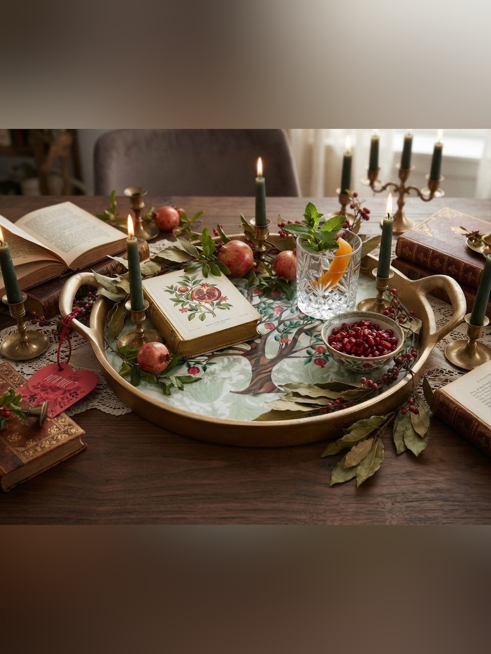 Morris & Co. Style Pomegranate & Leaf Decorative Serving Tray with Gold Handles